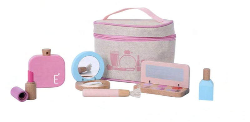 everearth sustainable toys makeup bag in pink and blue comes with lipstick lotion eyeshadow, perfume compact and brush
