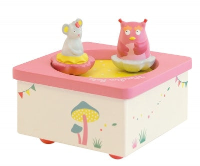 Children will love this beautiful French music box. An owl and mouse spin around dancing together to the music.