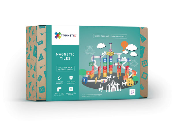 the packaging of the connetix tiles ball run set made with 92 connetix tile pieces