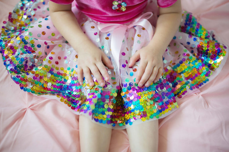 a close up of the sequin design on the great pretenders tulle girls skirts
