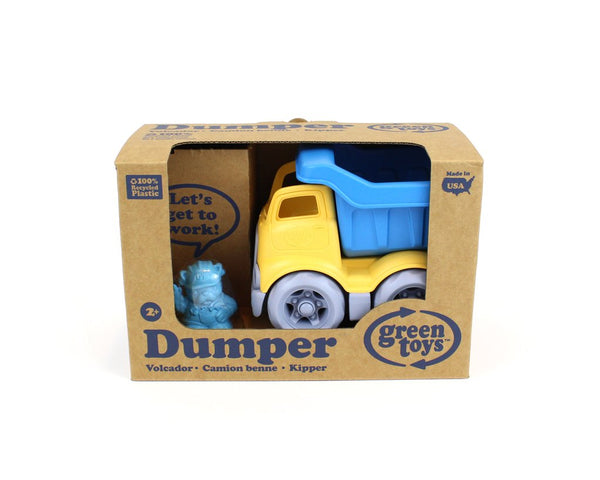 green toys dumper truck in blue and yellow