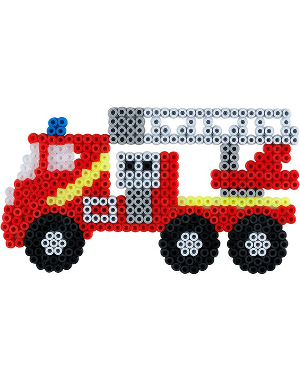 a fire engine hama bead design made on the truck shaped pegboard