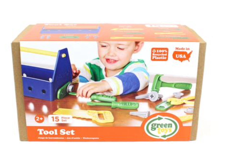 the green toys tool set in its recyclable box