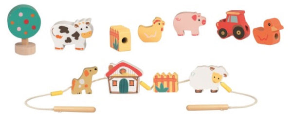 A 12 piece wooden threading activity, farm theme. Wooden farm pieces can be threaded and also used for imaginative play. Encourages fine motor skills & imagination. Presented in a colourful cardboard box. Recommended age 3+