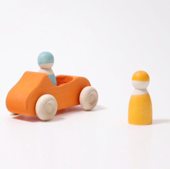 Grimm's Wooden Convertible Car in orange is a fun and imaginative vehicle for all children ages 1+ 