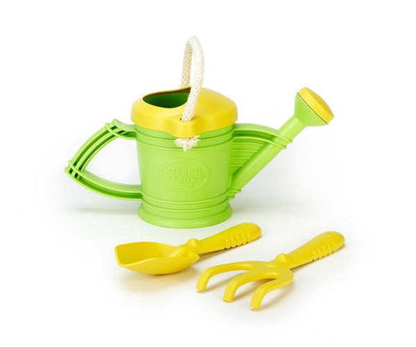 green toys watering can with gardening tools