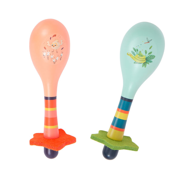 A beautiful set of maracas, one orange/pink color and one blue/green color with stripe features and felt in the shape of a flower at the base. Beautifully decorated maracas for ages 3+