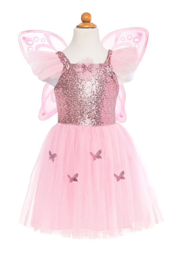 a pink sequin top attached to a pink tulle skirt with embroidered pink butterflies all over it