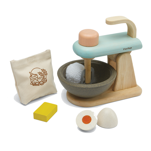 plan toys wooden kitchen set with wooden mixer, flour, butter block and cracking egg