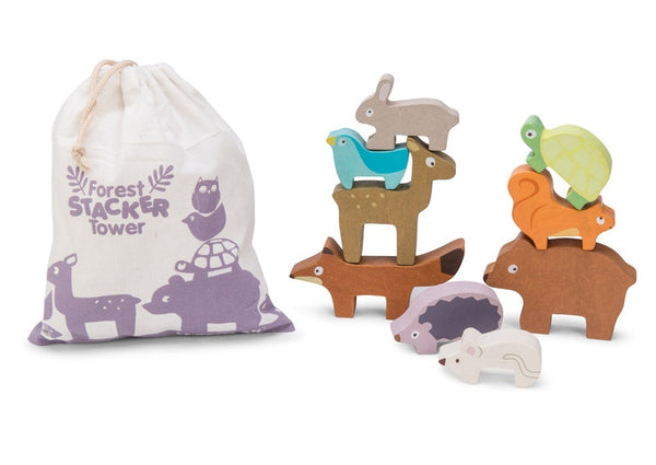 Forest Stacker includes nine woodland animals. See how high you can go before your animals fall down. Presented in a cardboard box with small carry bag for animals.