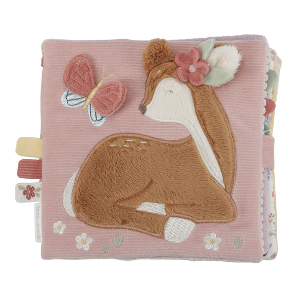 Children's soft book with a deer soft plush outline on a soft plush pink background