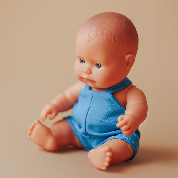 Miniland - Caucasian Baby Boy Doll 21cm Wearing Overalls