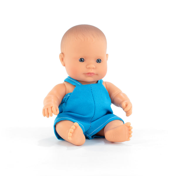 Miniland - Caucasian Baby Boy Doll 21cm Wearing Overalls