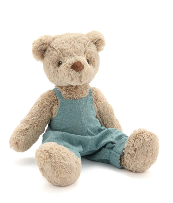 baby bear with a blue overall outfit