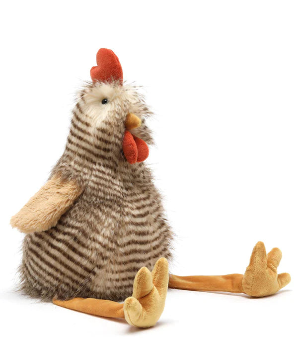 nana huchy rooster soft toy with orange feet and striped feather fur