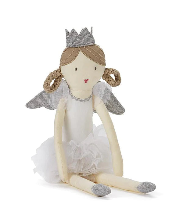a princess doll with a silver crown and braided piggytails