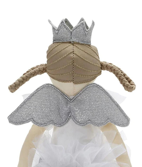 the back of the dolls head showing the braiding detail on her head and the silver wings she wears