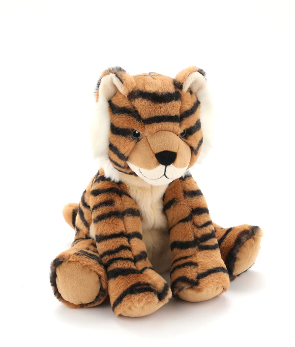 a tiger soft toy sitting up with orange and black stripes