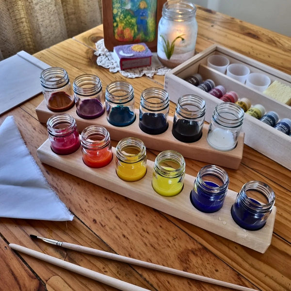 Paint Jars with Lids and wooden Holder
