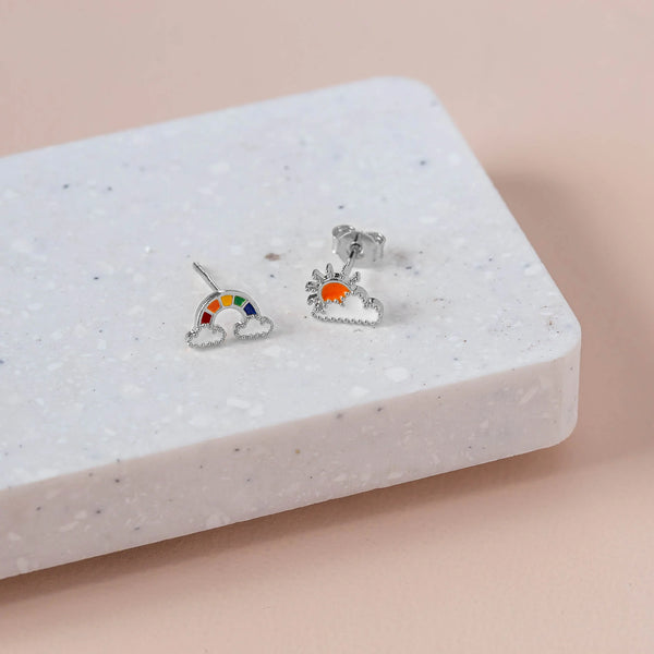 Short Story Earring Epoxy Rainbow & Sun Silver