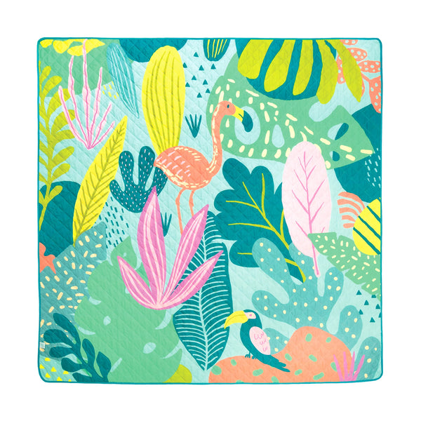 rudie nudie waterproof baby mat in a bright tropical flamingo print