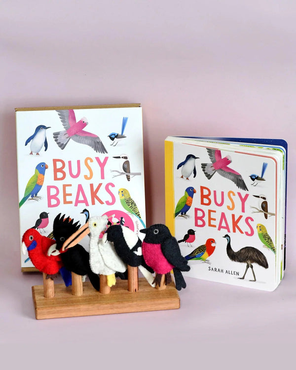 Tara Treasures - Busy Beaks Book and Australiana Finger Puppet Set