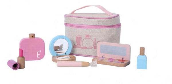everearth sustainable toys makeup bag in pink and blue comes with lipstick lotion eyeshadow, perfume compact and brush