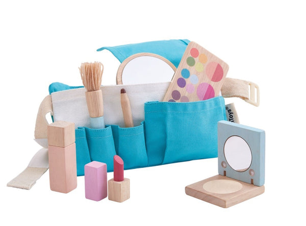 plan toys wooden make up set for kids with brushes and present mirrors, eyeshadow and lipsticks