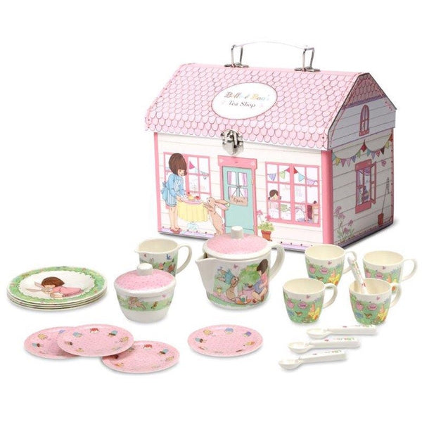 Bella & Boo melamine teaset is the most adorable playset. presented in a cardboard house with carry handle. beautiful design and dishwasher safe. enjoy your Tea parties. recommended age 3+