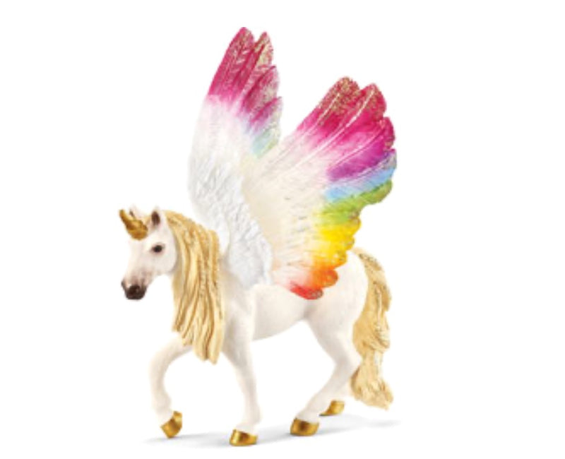 A beautiful Rainbow Winged Unicorn. Gorgeous golden mane and tail Great for imaginative play  Recommended age 5-12 years Length 13 cm , Height 15 cm, Wing Span 13 cm 