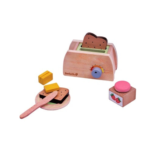 everearth breakfast set with toaster, toast, jam and butter, plate and knife. wood colour