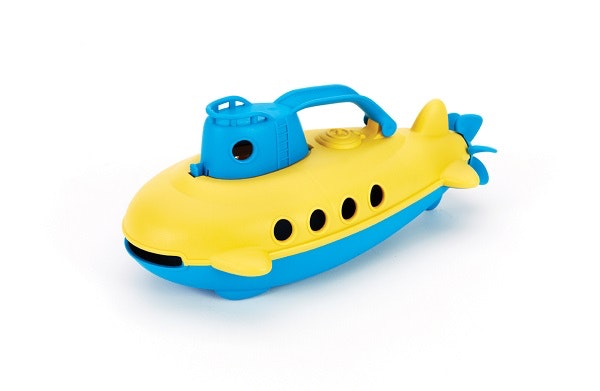 green toys submarine bath toy with a yellow and aqua blue body a propeller and four portholes down the side