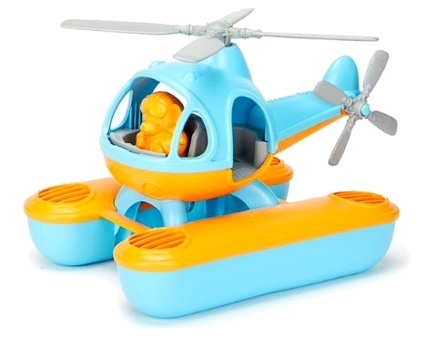 green toys sustainable helicopter bath toy with a pilot figure inside