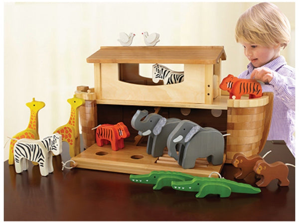 everearth children's toy noah's ark wooden animal figurines and boat