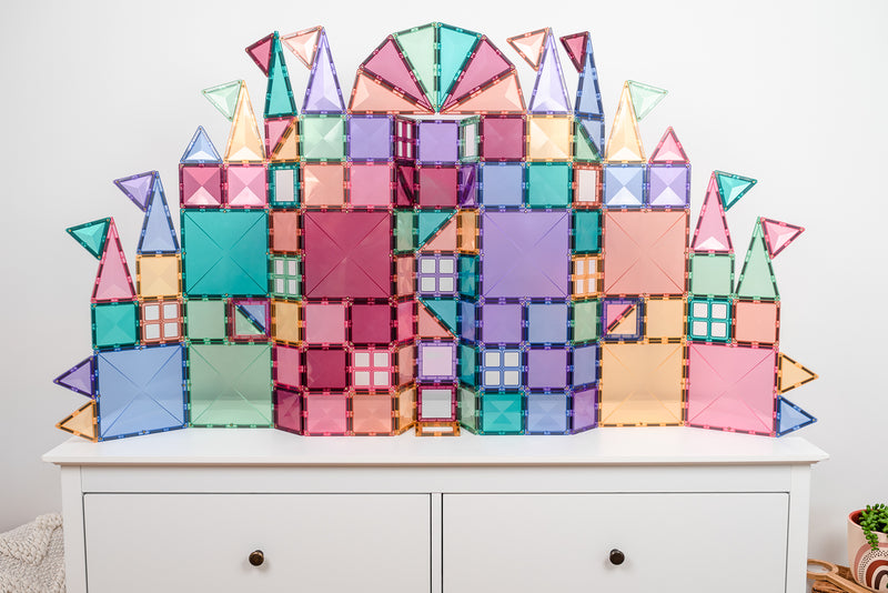 a large wall structure made out of connetix magnetic tiles from the 200 piece pastel set