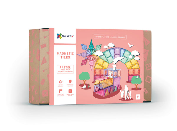 a connetix box of magnetic tiles with 202 tiles inside the box is pastel pink