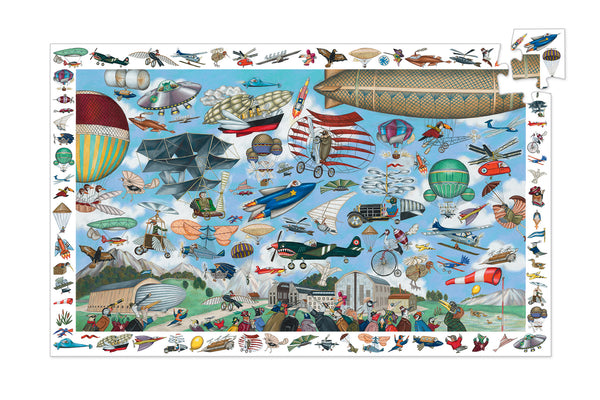 Djeco jigsaw puzzle 200 piece Aero club is wonderful. An illustration full of aero action  featuring anything that can fly.  The picture border adds another element after completing the puzzle. Find all the mini pictures in the puzzle.