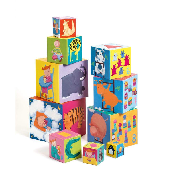 Djeco stacking blocks. Sort and stack these blocks by number, colour and size and enjoy looking at the funny pictures