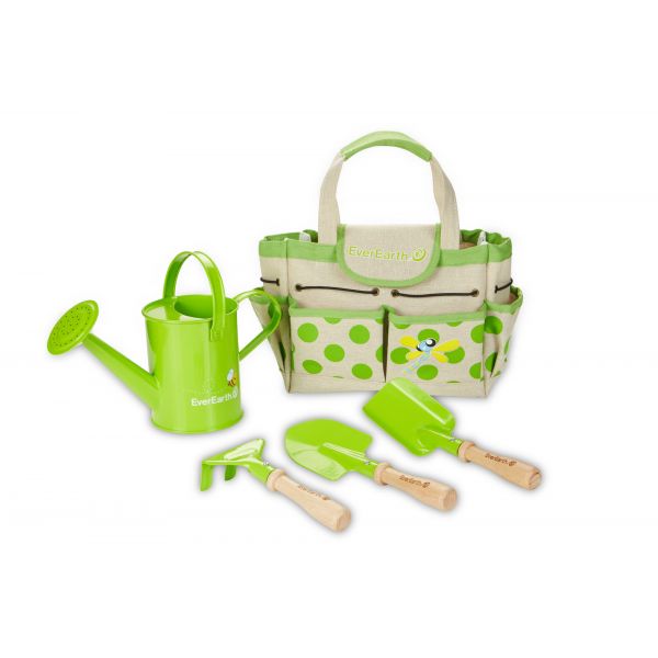green everearth gardening bag with polka dots and green tools