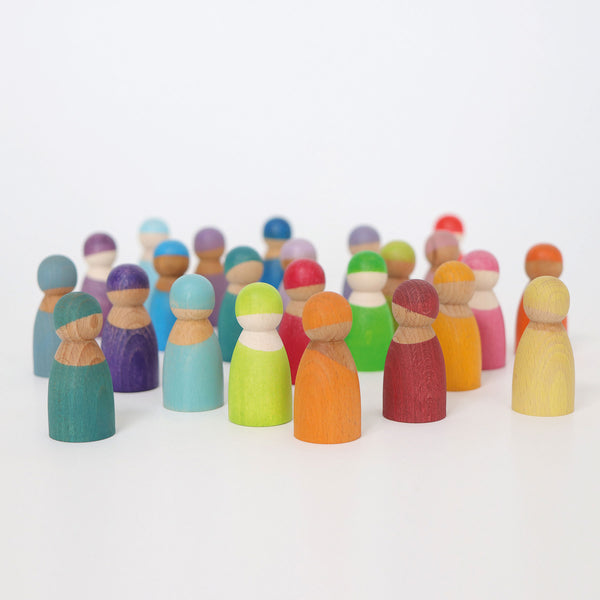 grimms wooden dolls in rainbow colours 
