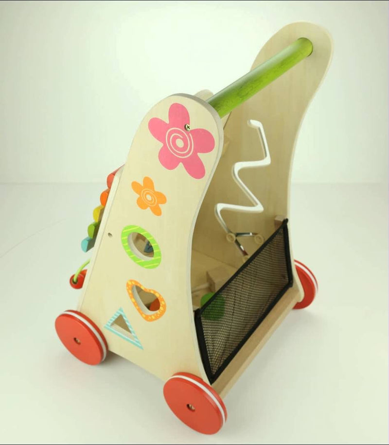 A wooden activity walker to entertain children and encourage walking.