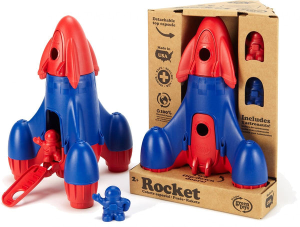 green toys red and blue rocket made from recycled materials