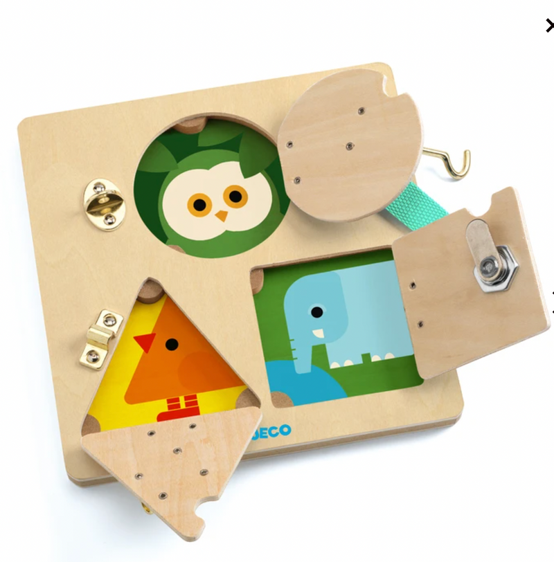 Lock board from Djeco great for developing hand eye coordination and fine motor skills. Engaging colours