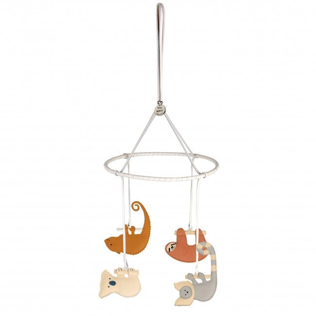 Donsje ,Leather Mobile featuring four hanging animals including Koala, sloth, possum & lizard. Adorable for any nursery.