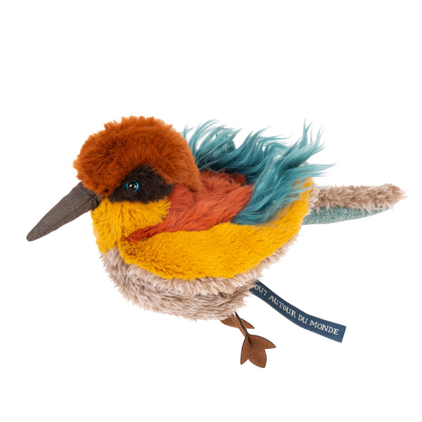 A moulin Roty soft toy small bird with colors of mustard, blue and earth red. perfect little toy for any child to treasure. Visit childplay toy shop online.