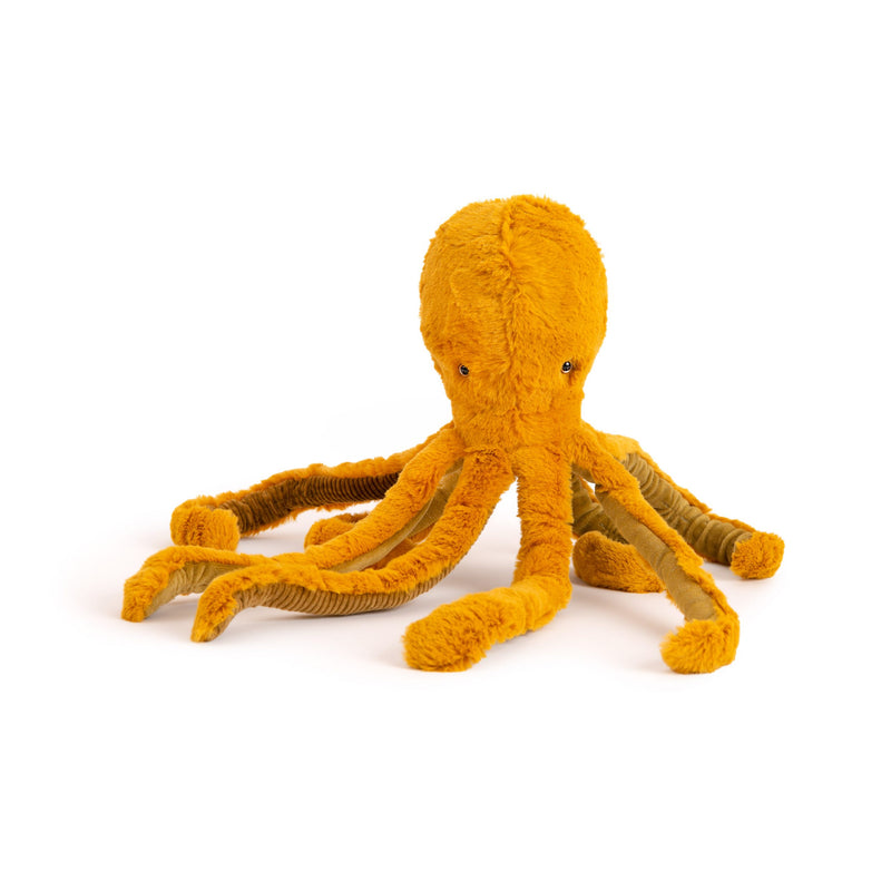A wonderful bright mustard yellow Octopus soft toy with soft tactile tentacles  and wonderful warm eyes. A special gift for any child. An exquisite soft toy from Moulin Roty.