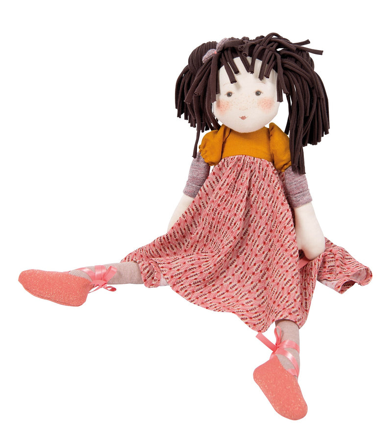 A beautiful and sweet rag doll. Prunelle is wearing a removable pattered dress with ribbon detail around the ankles