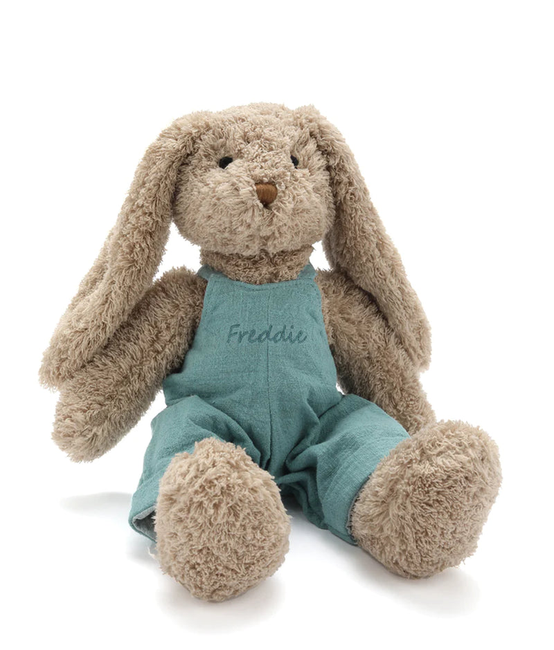 mr honey bunny soft toy with beige fur and a blue overall outfit