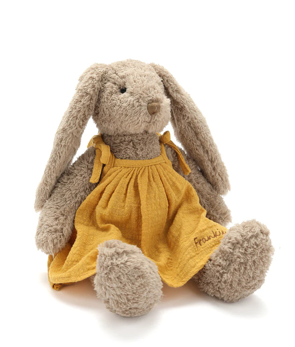 honey bunny with brown fur and a mustard colour dress