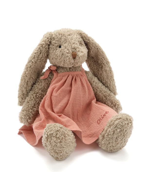 baby honey bunny with brown fur and a pink dress on